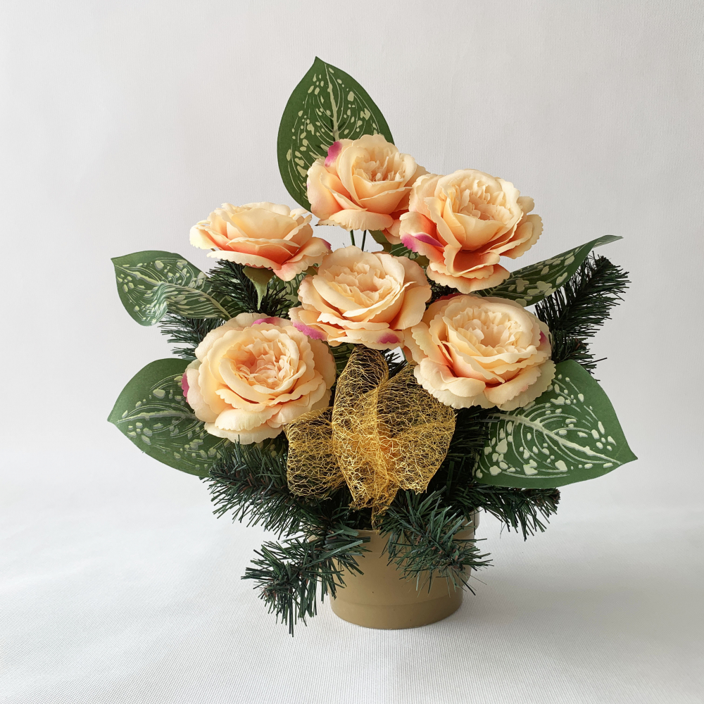 Náhrobná ikebana ruža krémovo červená s oranžovou stuhou