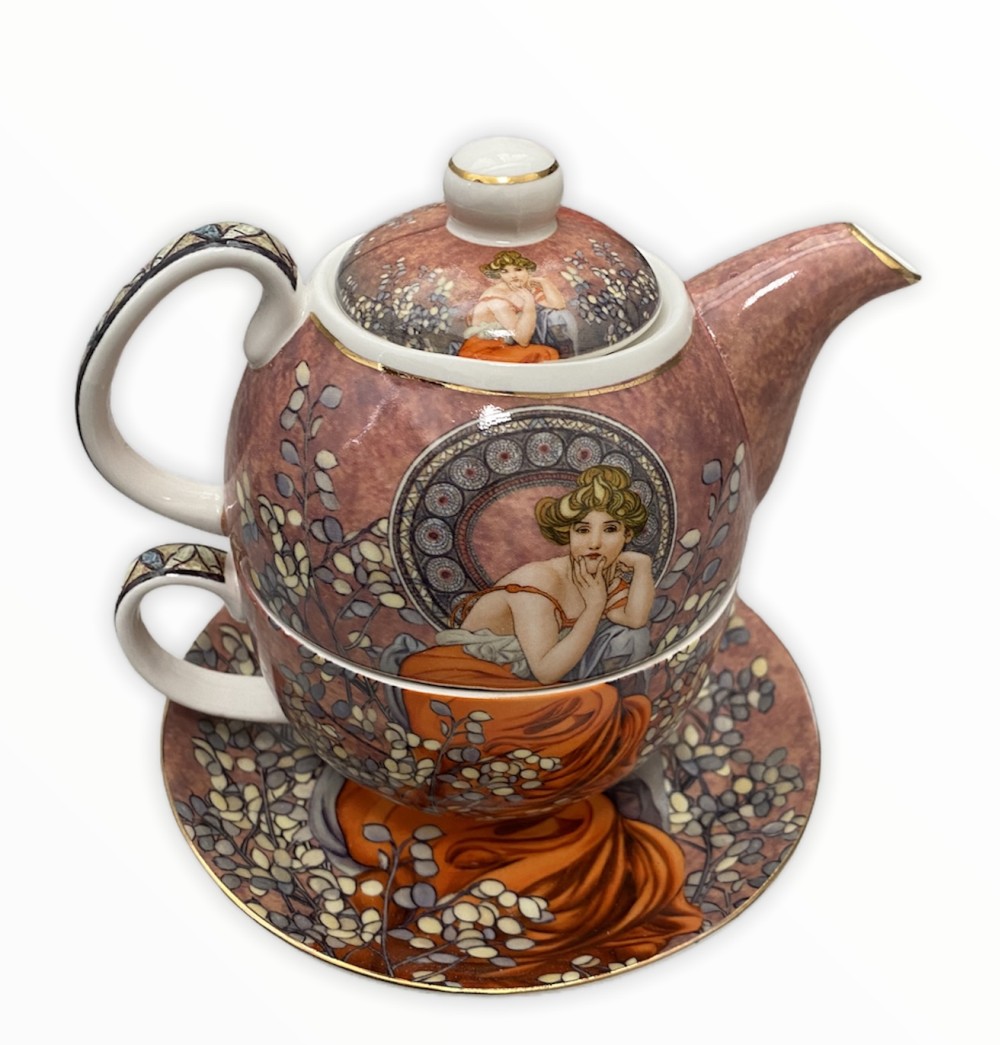 Šálka na čaj s čajníkom a tanierikom A.MUCHA