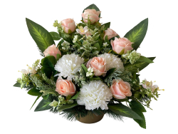 Nhrobn ikebana  rua a biela chryzantma v zaaenej miske