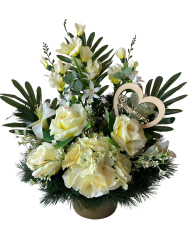 Nhrobn ikebana z gladiole, hortenzie a rue s npisom Spomname  smton dekorcia na hrob