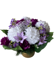 Nhrobn ikebana  biela chryzantma a fialov rua v zaaenej miske