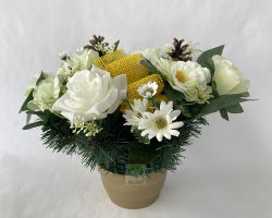 Náhrobná ikebana ruža bielo zelená so šiškami a žltou mašlou