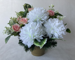 Náhrobná ikebana chryzantéma biela + ruža ružová