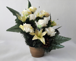 Náhrobná ikebana ruža biela, ľalia biela v zaťaženej miske