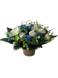 Nhrobn ikebana rua bielo modr, biela,s aliou v miske zaaenej