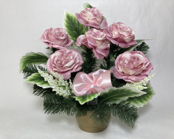 Náhrobná ikebana ruža staroružová s ružovou mašľou