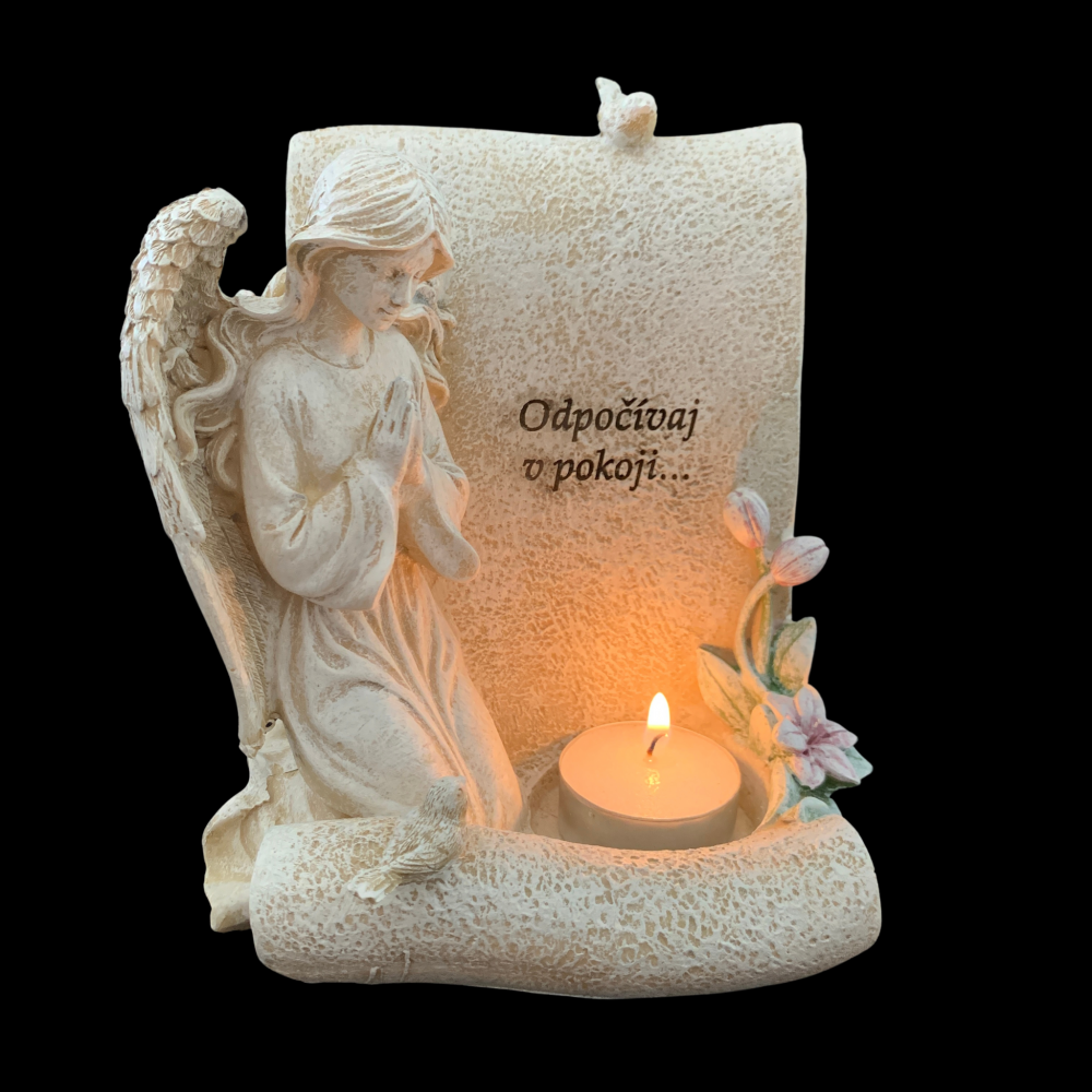 Náhrobná dekorácia anjel modliaci sa s nápisom „Odpočívaj v pokoji“