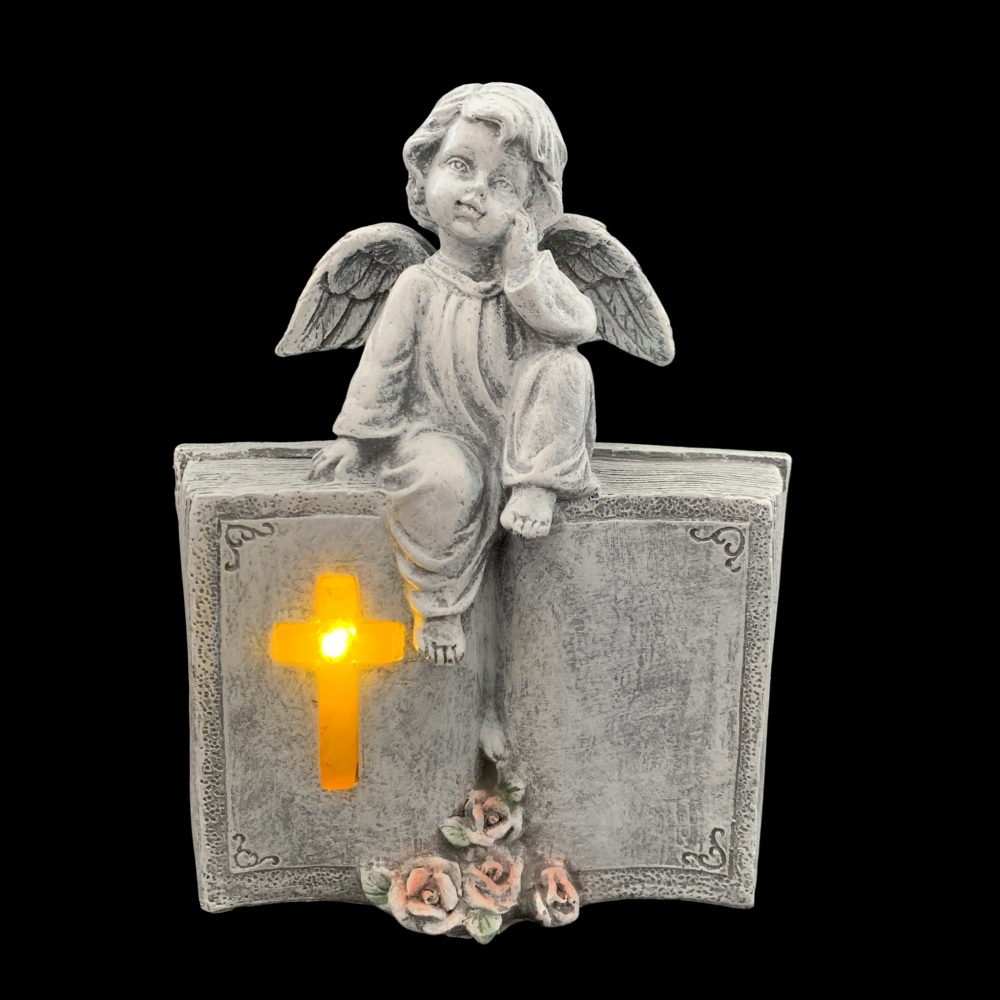 Náhrobná dekorácia anjel na knihe s krížom solárny