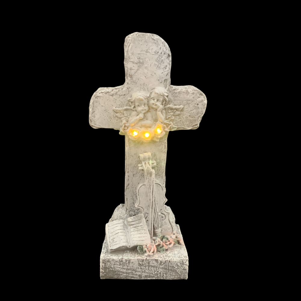 Náhrobná dekorácia kríž s anjelmi, knihou a husľami 3x LED