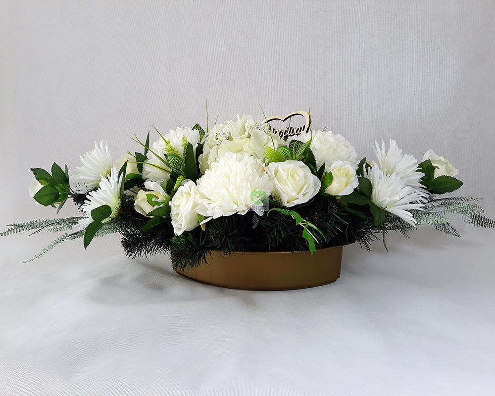 Náhrobná ikebana chryzantéma  a ruža biela s nápisom